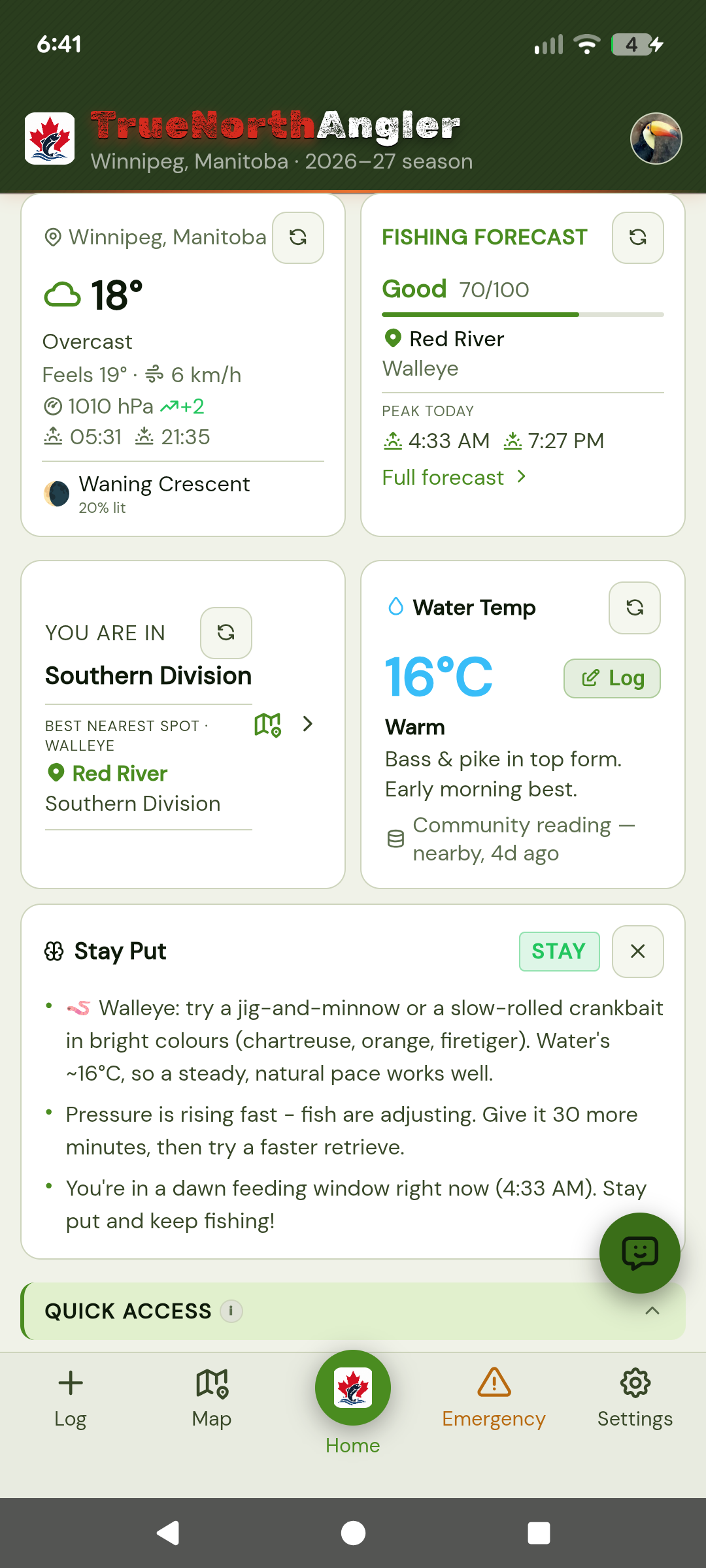 Home screen with fishing forecast